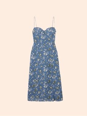 Reformation Juliette Midi Dress Avery Blue Floral 8 Viscose Slit Tie Strap
